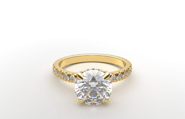 classic french pave round diamond ring in yellow gold with a hidden halo