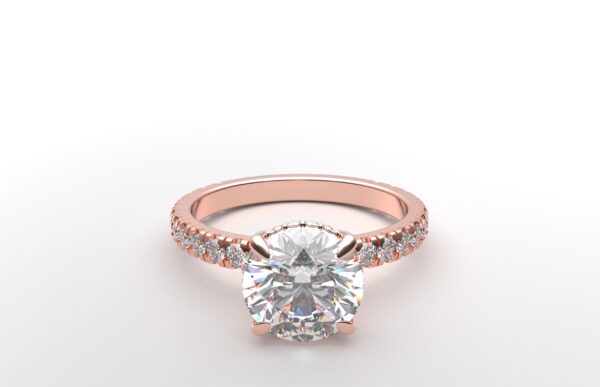 classic french pave round diamond ring in rose gold with a hidden halo