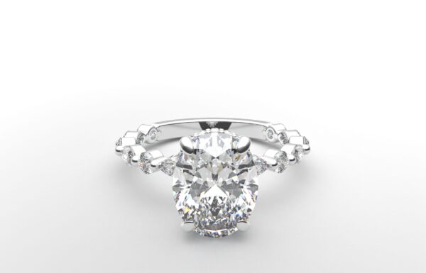 Oval solitaire diamond ring in white gold with round and marquise diamond band hidden halo