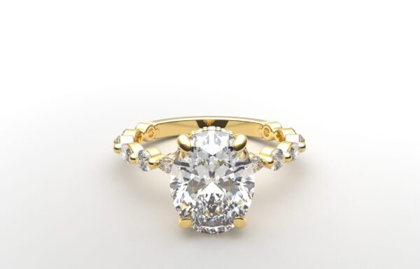 Oval solitaire diamond ring in yellow gold with round and marquise diamond band hidden halo