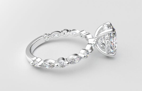 side view oval solitaire diamond ring in white gold with round and marquise diamond band hidden halo