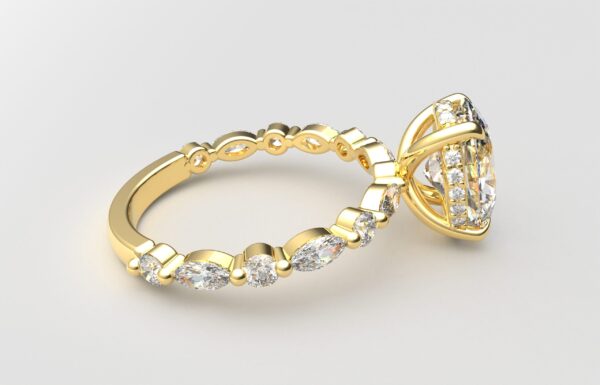 side view oval solitaire diamond ring in yellow gold with round and marquise diamond band hidden halo