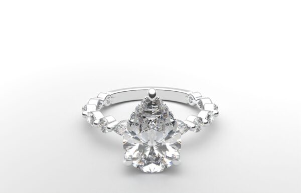 pear solitaire diamond ring in white gold with round and marquise diamond band hidden halo