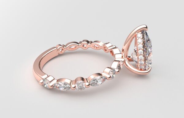 side view pear solitaire diamond ring in rose gold with round and marquise diamond band hidden halo