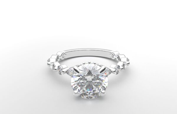 Round solitaire diamond ring in white gold with round and marquise diamond band hidden halo