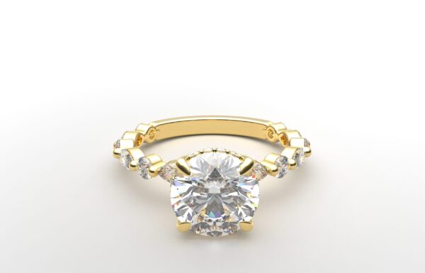 Round solitaire diamond ring in yellow gold with round and marquise diamond band hidden halo