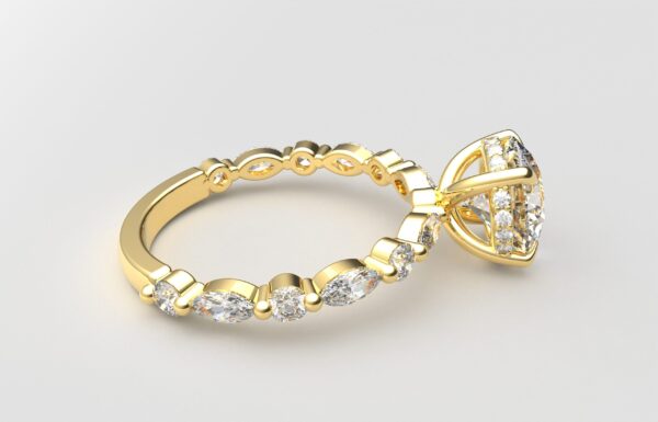 side view round solitaire diamond ring in yellow gold with round and marquise diamond band hidden halo