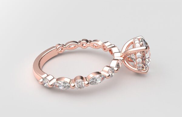 side view round solitaire diamond ring in rose gold with round and marquise diamond band hidden halo