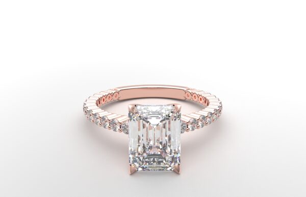 Classic single shared prong tulip setting emerald diamond rose gold ring