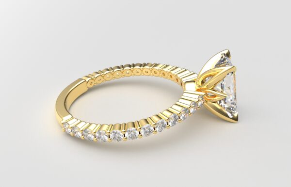 Side view Classic single shared prong tulip setting emerald diamond yellow gold ring 6 prong