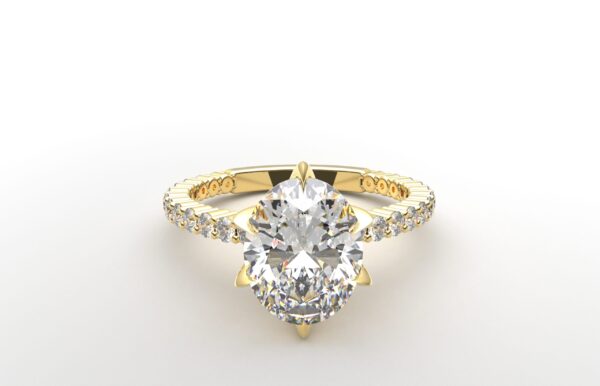 Classic single shared prong tulip setting oval diamond yellow gold ring 6 prong