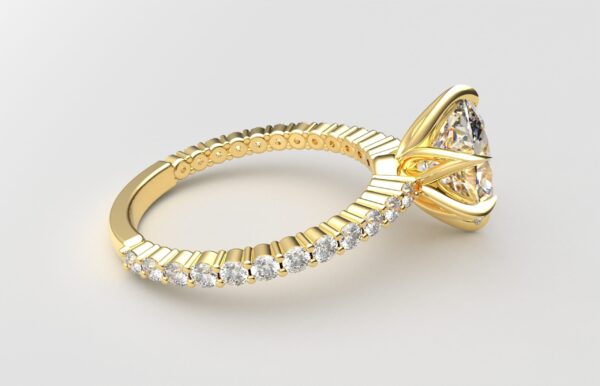 Side view Classic single shared prong tulip setting oval diamond yellow gold ring 6 prong