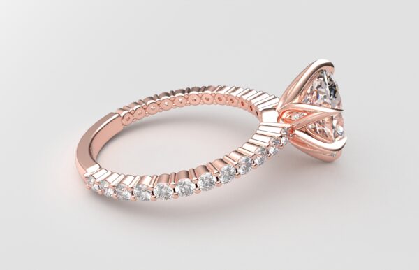 Side view Classic single shared prong tulip setting oval diamond rose gold ring 6 prong