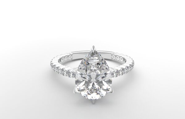 Classic single shared prong tulip setting pear diamond white gold ring 6 prong