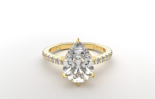 Classic single shared prong tulip setting pear diamond yellow gold ring 6 prong