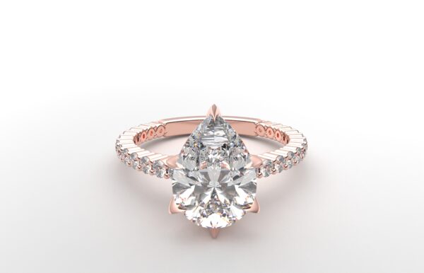 Side view Classic single shared prong tulip setting pear diamond rose gold ring 6 prong