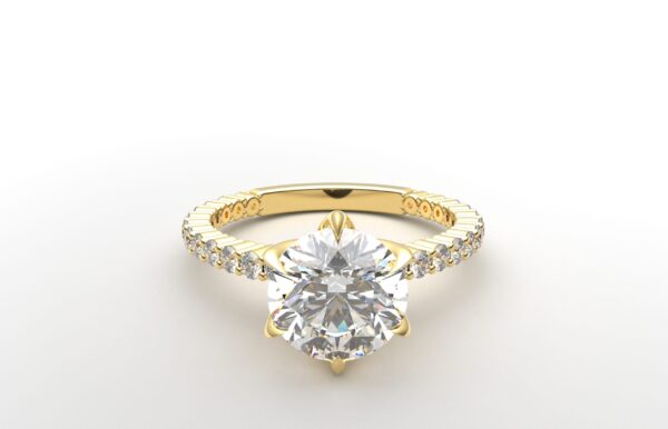 Classic single shared prong tulip setting round diamond yellow gold ring 6 prong