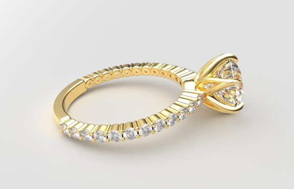 Side view Classic single shared prong tulip setting round diamond yellow gold ring 6 prong