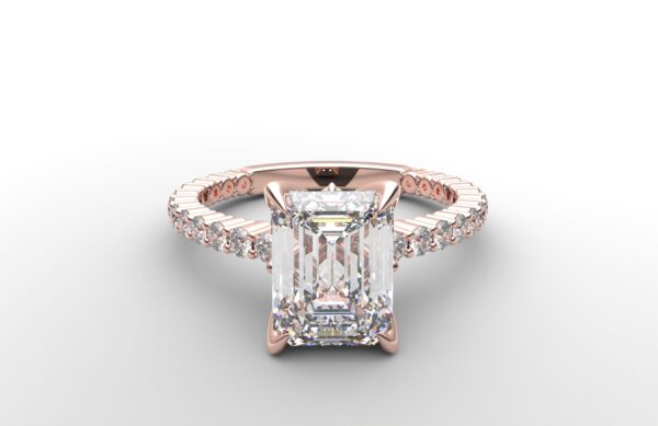 Shared prong Tulip crown rose Gold emerald diamond engagement ring