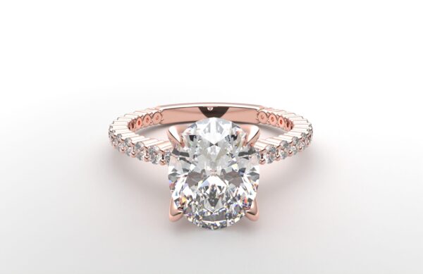 Shared prong Tulip crown rose Gold oval diamond engagement ring