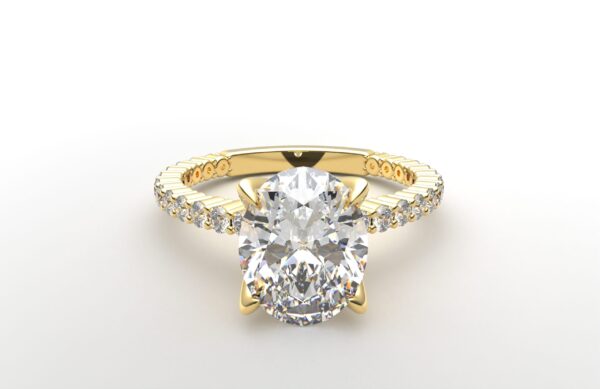 Shared prong Tulip crown yellow Gold oval diamond engagement ring