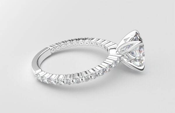 Side view Shared prong Tulip crown White Gold oval diamond engagement ring