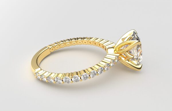 Side view Shared prong Tulip crown yellow Gold oval diamond engagement ring