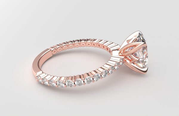 Side view Four prong shared setting tulip crown oval diamond rose gold ring