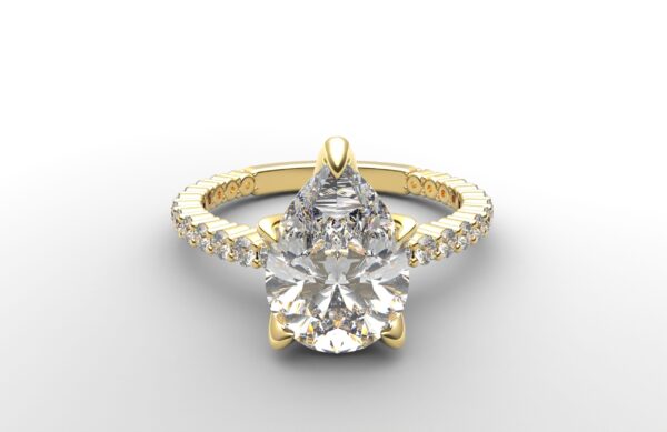 Side view Shared prong Tulip crown yellow Gold pear diamond engagement ring