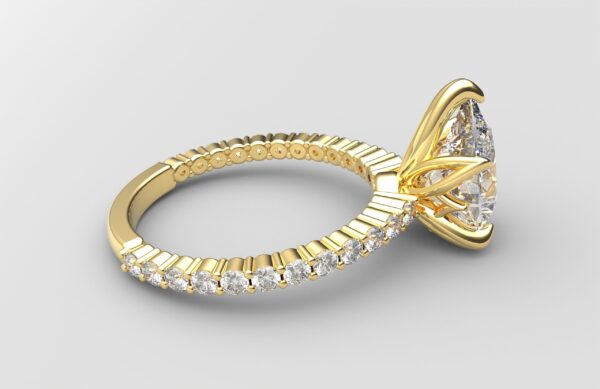 Side view Shared prong Tulip crown yellow Gold pear diamond engagement ring