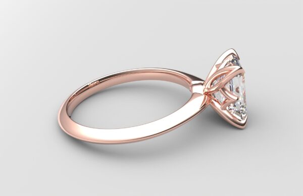 Side view Classic Knife Edge 4 Prong Tulip Crown rose Gold emerald Diamond Engagement Ring