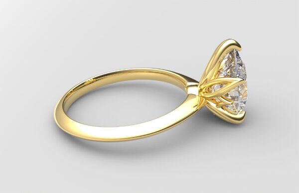 Side View Classic Knife Edge 5 Prong Tulip Crown yellow Gold pear Diamond Engagement Ring