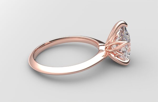 Side View Classic Knife Edge 5 Prong Tulip Crown rose Gold pear Diamond Engagement Ring