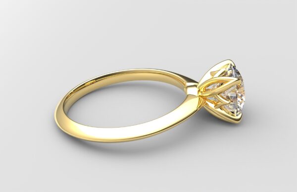 side view Classic Knife Edge 4 Prong Tulip Crown yellow Gold round Diamond Engagement Ring