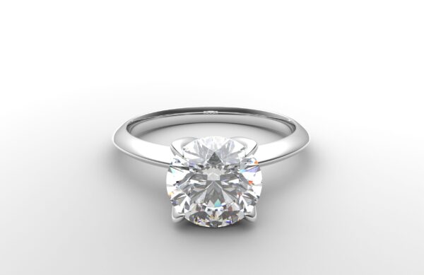 Knife Edge Tulip Setting Engagement Ring with round diamond, sleek white gold band, and tulip prongs