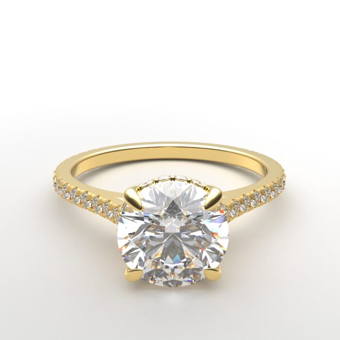 Cathedral setting Round French cut diamond hidden halo ring, with a yellow gold diamond band.